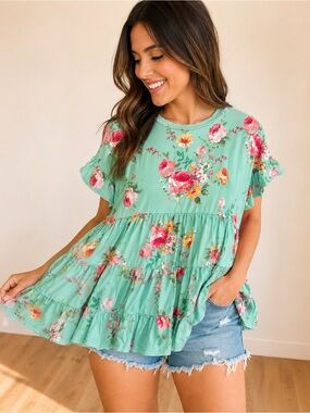 Mint Floral Babydoll Top Boho Ruffle Sleeve Peplum Cottagecore Blouse